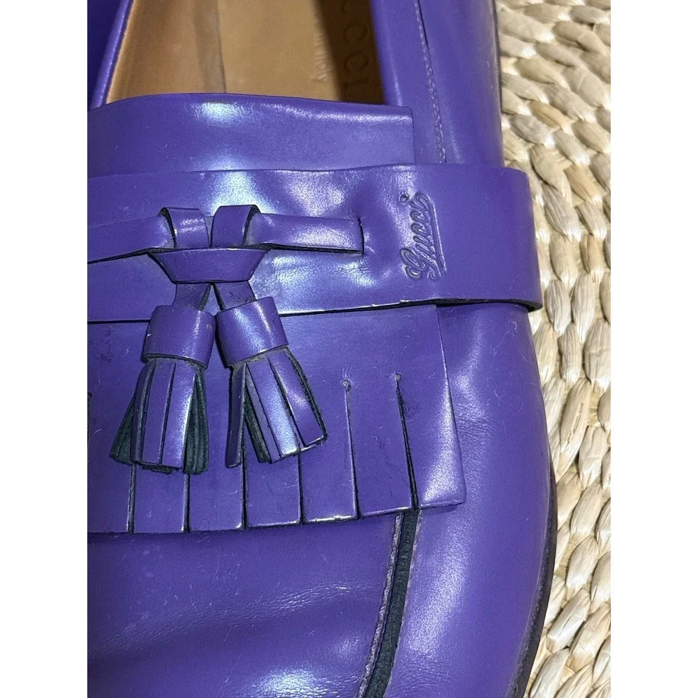 Gucci Purple Leather Tassel Kiltie Loafers Men's Size 44.5 E Made In Italy